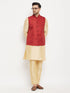 Vastramay Men's Maroon Matka Silk Nehru Jacket With Gold Silk Blend Kurta and Pant style Pyjama Set